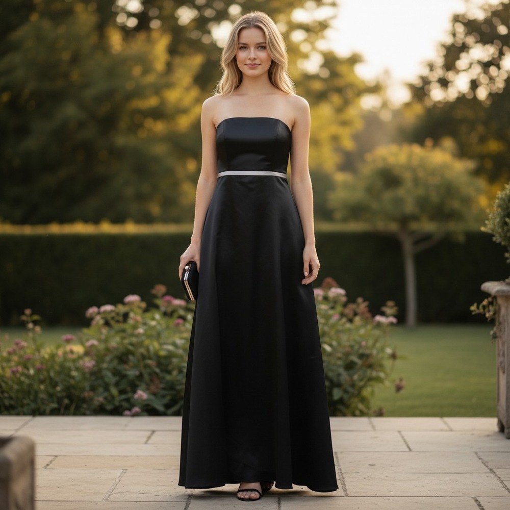 Forever Yours Black Satin Strapless Evening Gown Silver Trim Bow Size 20 Event